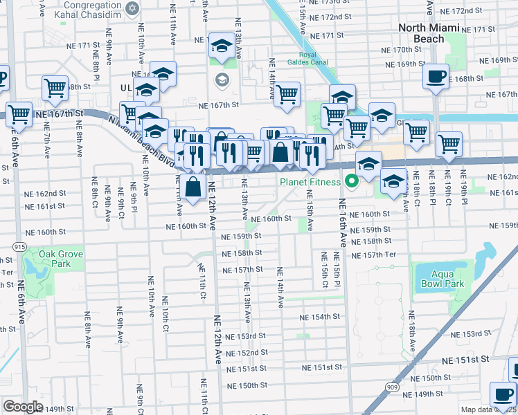map of restaurants, bars, coffee shops, grocery stores, and more near 1350 Northeast 161st Street in North Miami Beach