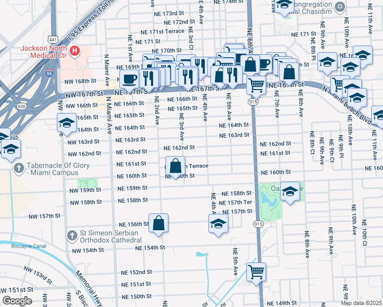 map of restaurants, bars, coffee shops, grocery stores, and more near 335 Northeast 161st Street in Miami