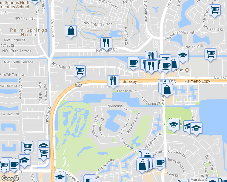 map of restaurants, bars, coffee shops, grocery stores, and more near 7228 Loch ness Drive in Miami Lakes