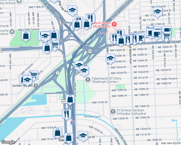map of restaurants, bars, coffee shops, grocery stores, and more near 520 Northwest 165th Street in Miami