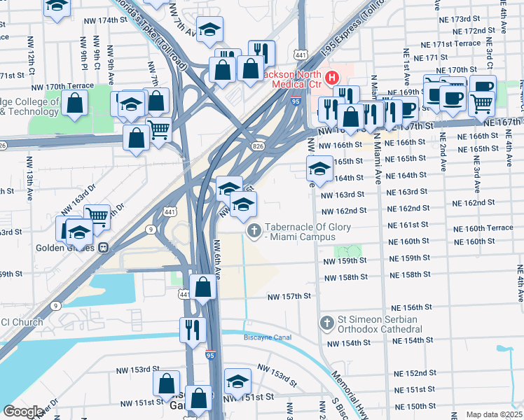 map of restaurants, bars, coffee shops, grocery stores, and more near 496 Northwest 165th Street in Miami