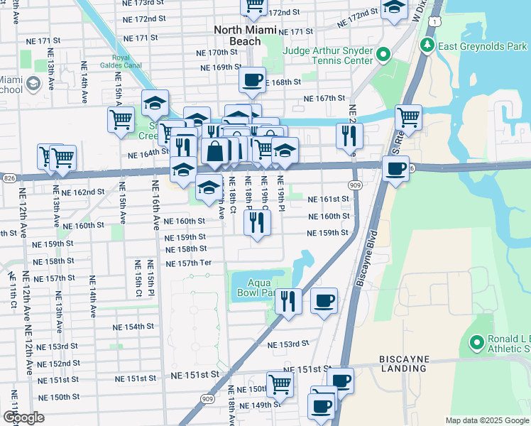 map of restaurants, bars, coffee shops, grocery stores, and more near 15990 Northeast 19th Court in North Miami Beach