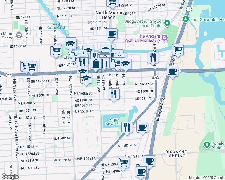 map of restaurants, bars, coffee shops, grocery stores, and more near 15990 Northeast 19th Court in North Miami Beach