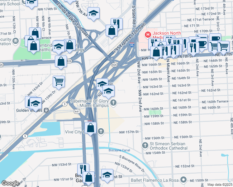 map of restaurants, bars, coffee shops, grocery stores, and more near 496 Northwest 165th Street in Miami