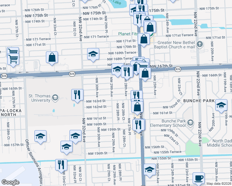 map of restaurants, bars, coffee shops, grocery stores, and more near 2880 Northwest 164th Street in Miami Gardens