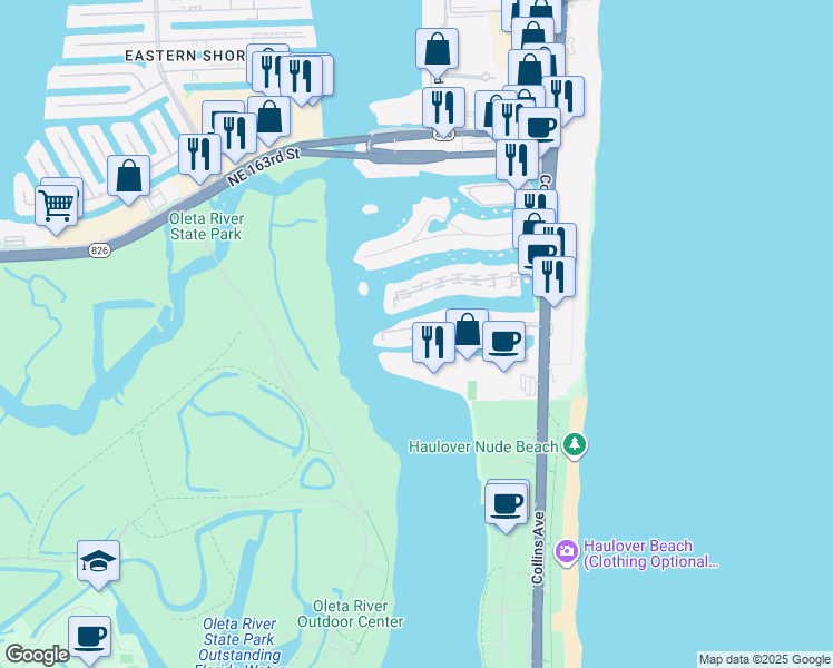 map of restaurants, bars, coffee shops, grocery stores, and more near 500 Bayview Drive in Sunny Isles Beach