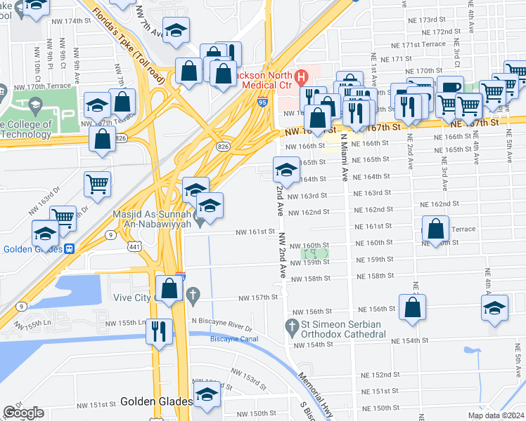 map of restaurants, bars, coffee shops, grocery stores, and more near 16220 Northwest 2nd Avenue in Miami