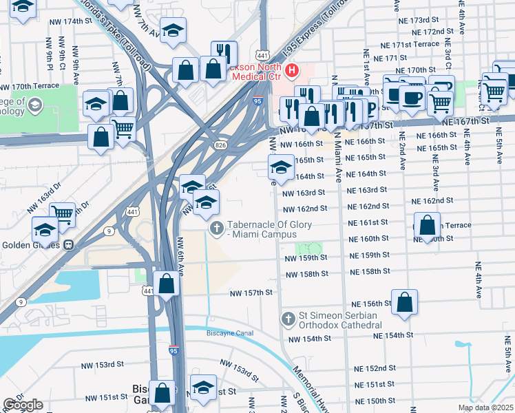 map of restaurants, bars, coffee shops, grocery stores, and more near 16100 Northwest 2nd Avenue in Miami