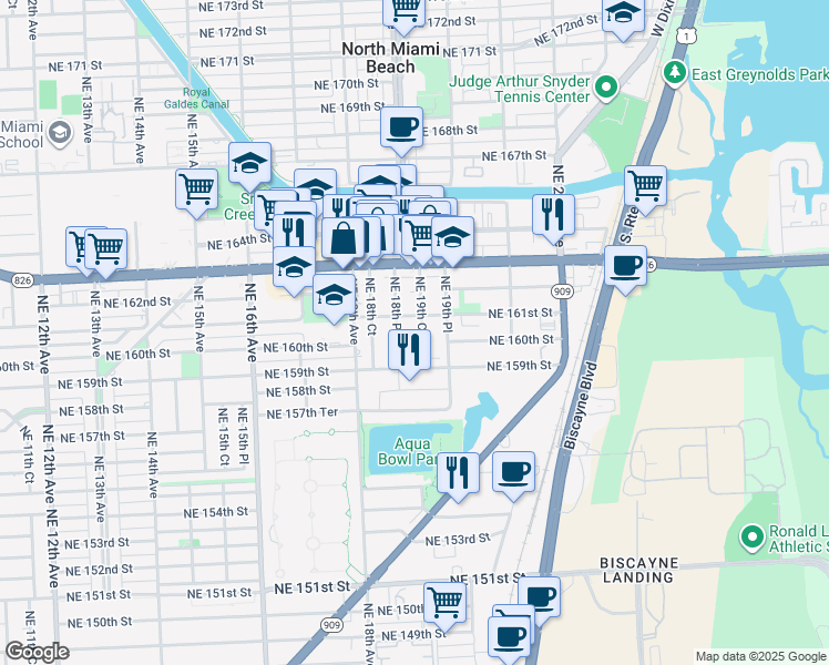 map of restaurants, bars, coffee shops, grocery stores, and more near 16030 Northeast 19th Court in North Miami Beach