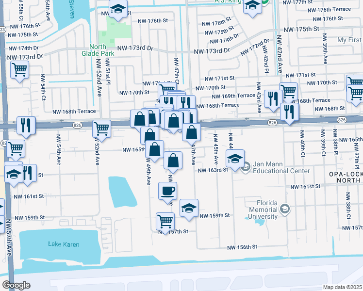 map of restaurants, bars, coffee shops, grocery stores, and more near 4702 Northwest 165th Street in Miami Gardens