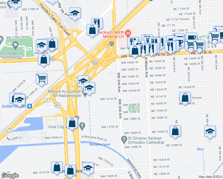 map of restaurants, bars, coffee shops, grocery stores, and more near 16100 Northwest 2nd Avenue in Miami