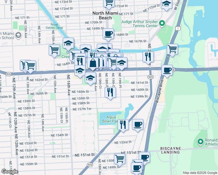 map of restaurants, bars, coffee shops, grocery stores, and more near 15990 Northeast 19th Court in North Miami Beach