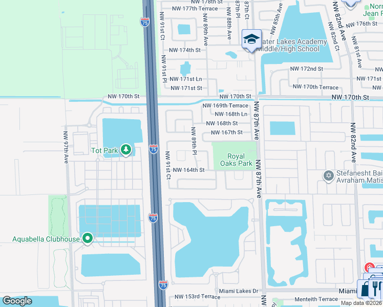map of restaurants, bars, coffee shops, grocery stores, and more near 16505 Northwest 90th Avenue in Miami Lakes