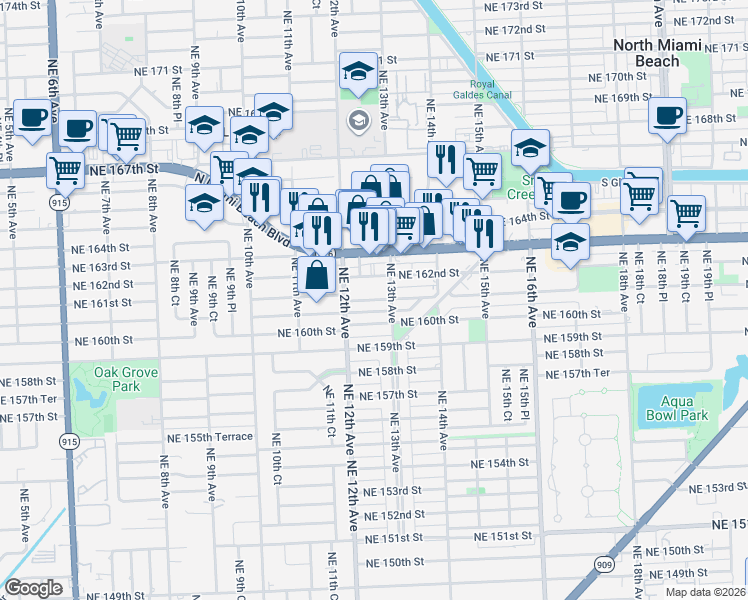 map of restaurants, bars, coffee shops, grocery stores, and more near 1251 Northeast 160th Street in North Miami Beach