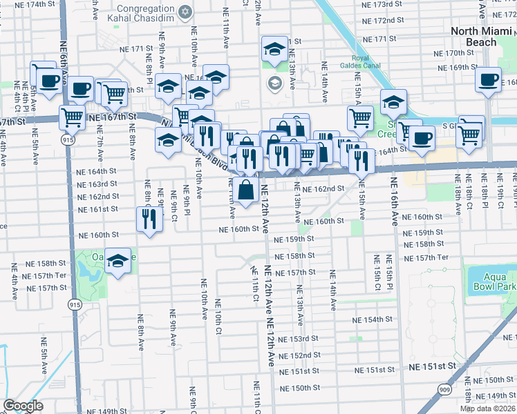 map of restaurants, bars, coffee shops, grocery stores, and more near 1180 Northeast 161st Terrace in North Miami Beach