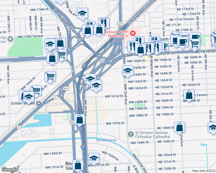 map of restaurants, bars, coffee shops, grocery stores, and more near 494 Northwest 165th Street in Miami