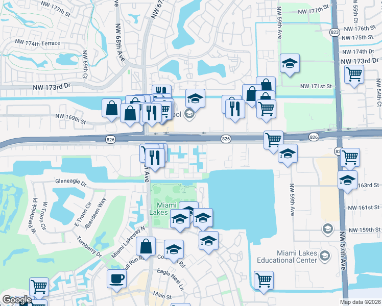 map of restaurants, bars, coffee shops, grocery stores, and more near 16407 Bridge End Road in Miami Lakes