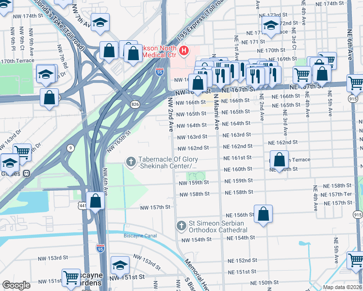 map of restaurants, bars, coffee shops, grocery stores, and more near 161 Northwest 162nd Street in Miami
