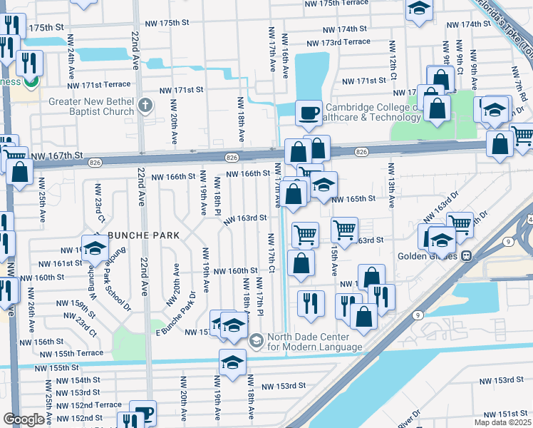 map of restaurants, bars, coffee shops, grocery stores, and more near 16220 Northwest 17th Court in Opa-locka