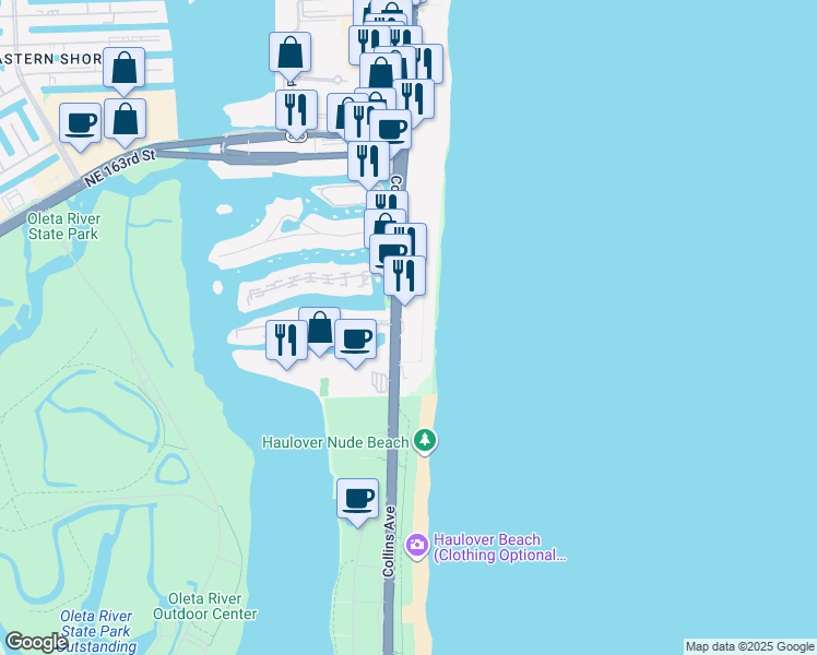 map of restaurants, bars, coffee shops, grocery stores, and more near 15800 Collins Avenue in Miami