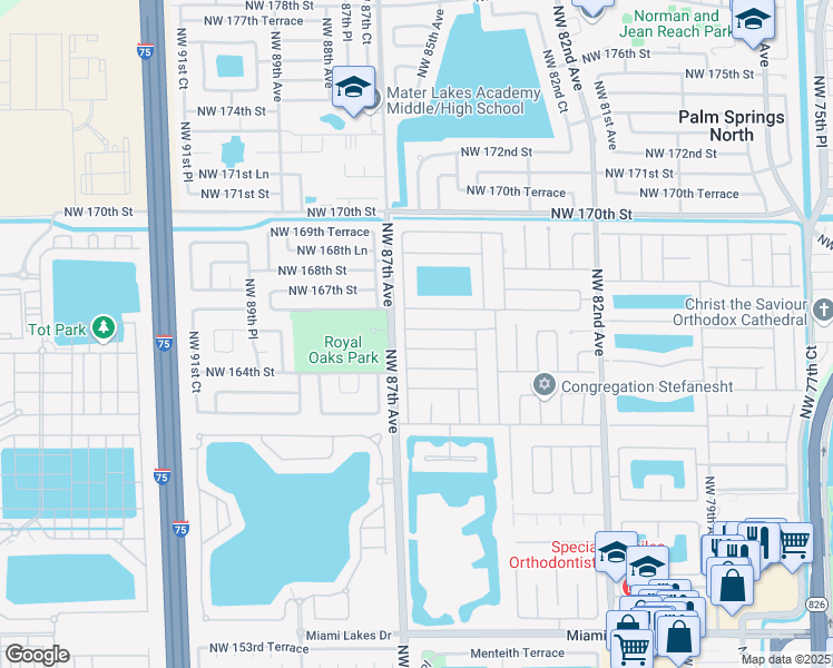 map of restaurants, bars, coffee shops, grocery stores, and more near 8564 Northwest 165th Terrace in Miami Lakes