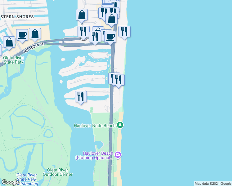map of restaurants, bars, coffee shops, grocery stores, and more near 15800 Collins Avenue in Miami