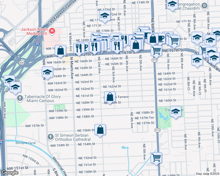 map of restaurants, bars, coffee shops, grocery stores, and more near 270 Northeast 161st Street in North Miami Beach