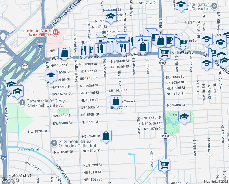 map of restaurants, bars, coffee shops, grocery stores, and more near 270 Northeast 161st Street in North Miami Beach