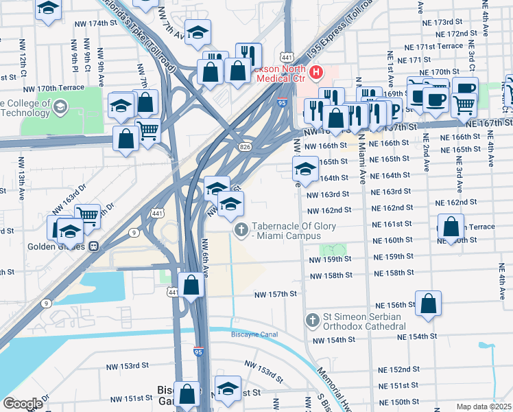 map of restaurants, bars, coffee shops, grocery stores, and more near 494 Northwest 165th Street in Miami
