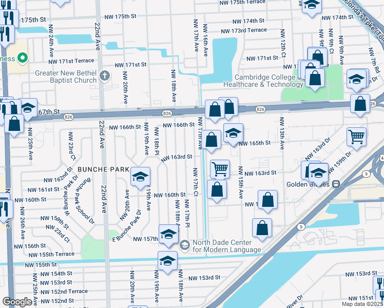 map of restaurants, bars, coffee shops, grocery stores, and more near 16220 Northwest 17th Court in Opa-locka