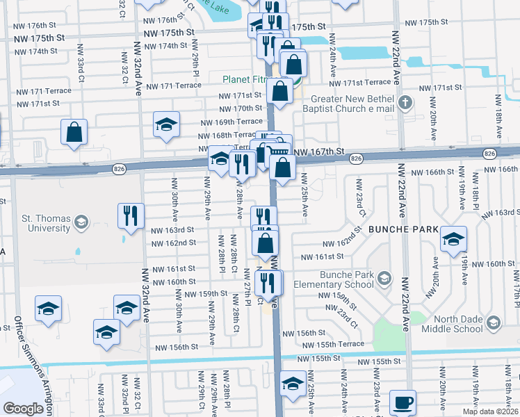 map of restaurants, bars, coffee shops, grocery stores, and more near 2735 Northwest 163rd Street in Opa-locka