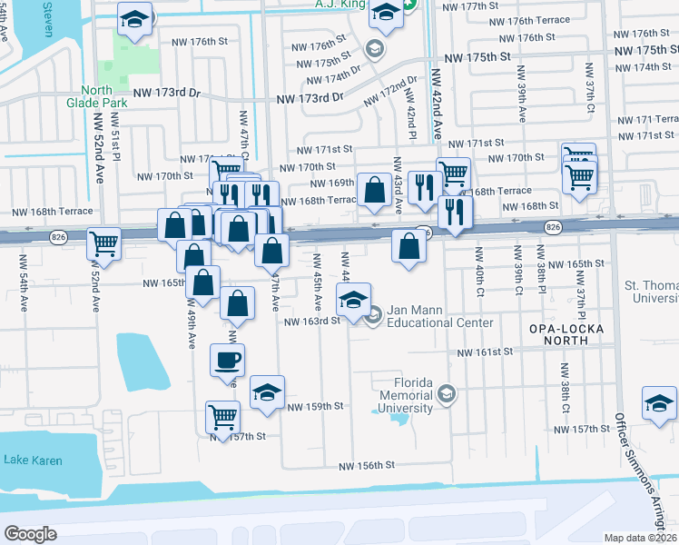 map of restaurants, bars, coffee shops, grocery stores, and more near 16421 Northwest 45th Avenue in Opa-locka