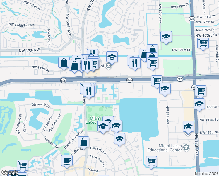 map of restaurants, bars, coffee shops, grocery stores, and more near 16407 Bridge End Road in Miami Lakes