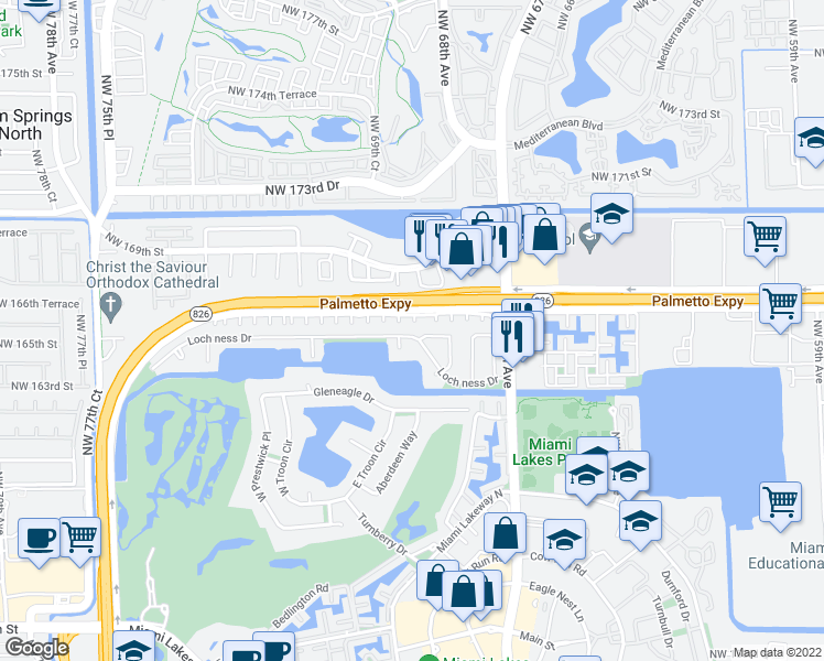 map of restaurants, bars, coffee shops, grocery stores, and more near 6890 Loch ness Drive in Miami Lakes