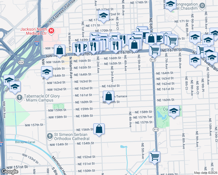 map of restaurants, bars, coffee shops, grocery stores, and more near 270 Northeast 161st Street in North Miami Beach