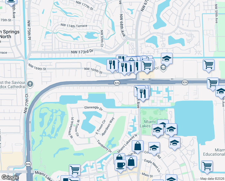 map of restaurants, bars, coffee shops, grocery stores, and more near 6890 Loch ness Drive in Miami Lakes