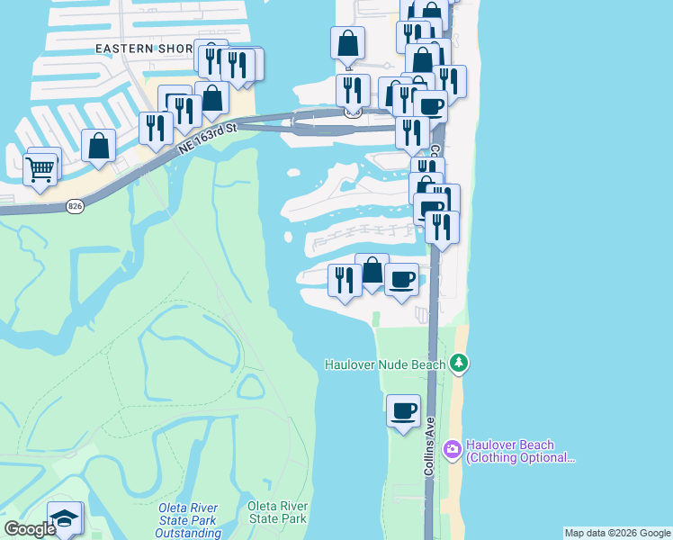 map of restaurants, bars, coffee shops, grocery stores, and more near 500 Bayview Drive in Sunny Isles Beach