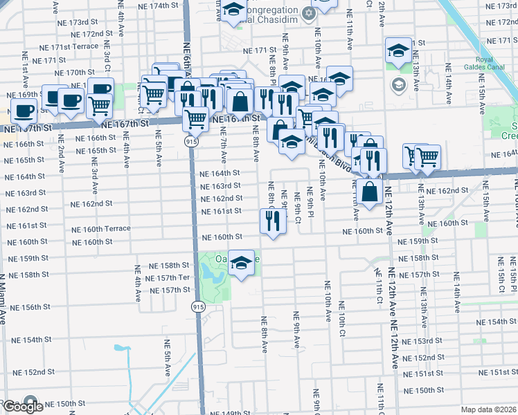 map of restaurants, bars, coffee shops, grocery stores, and more near 781 Northeast 160th Terrace in Miami