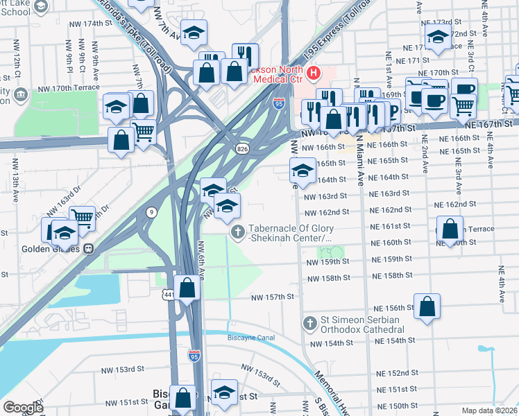 map of restaurants, bars, coffee shops, grocery stores, and more near 494 Northwest 165th Street in Miami