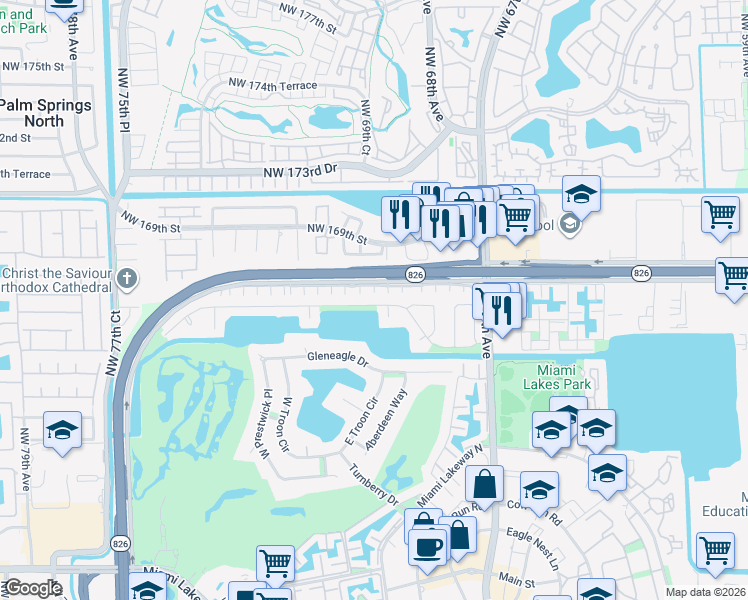 map of restaurants, bars, coffee shops, grocery stores, and more near 16474 Loch Ness Court in Miami Lakes