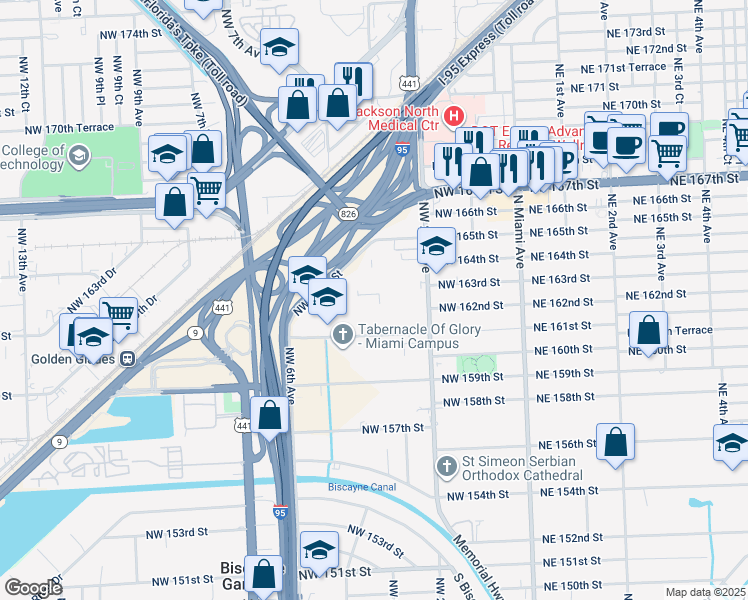 map of restaurants, bars, coffee shops, grocery stores, and more near 494 Northwest 165th Street in Miami