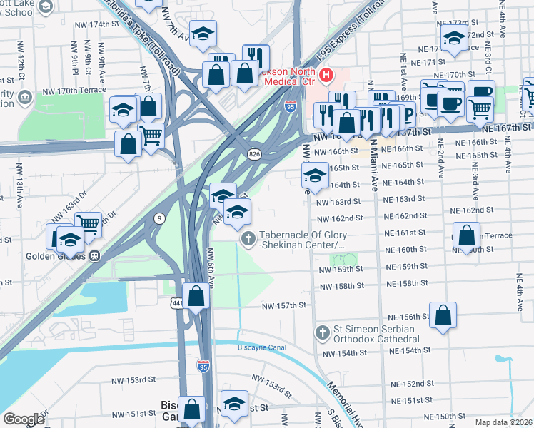 map of restaurants, bars, coffee shops, grocery stores, and more near 494 Northwest 165th Street in Miami
