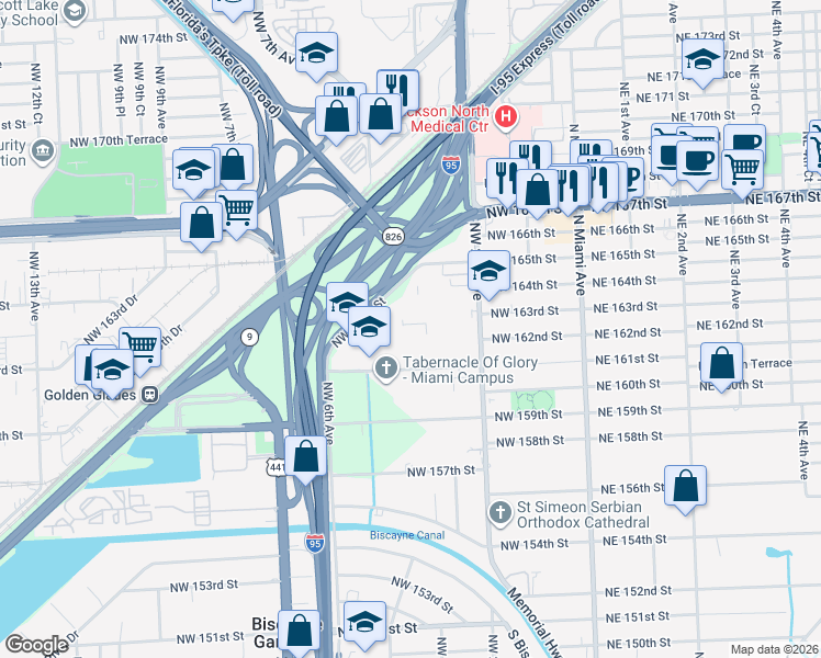 map of restaurants, bars, coffee shops, grocery stores, and more near 494 Northwest 165th Street in Miami