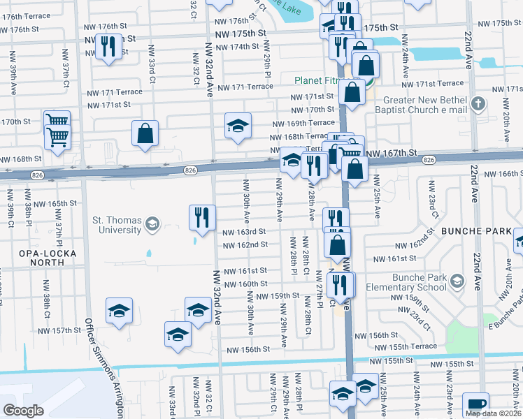 map of restaurants, bars, coffee shops, grocery stores, and more near 2960 Northwest 165th Street in Opa-locka