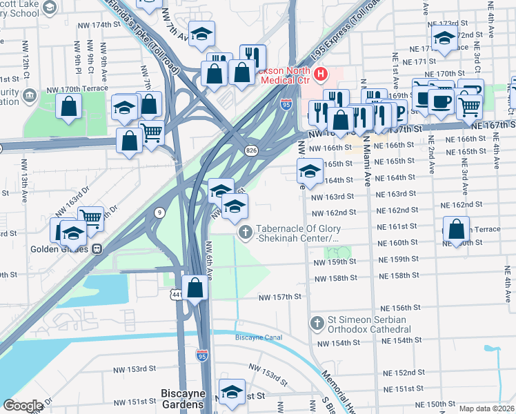 map of restaurants, bars, coffee shops, grocery stores, and more near 444 Northwest 165th Street in Miami