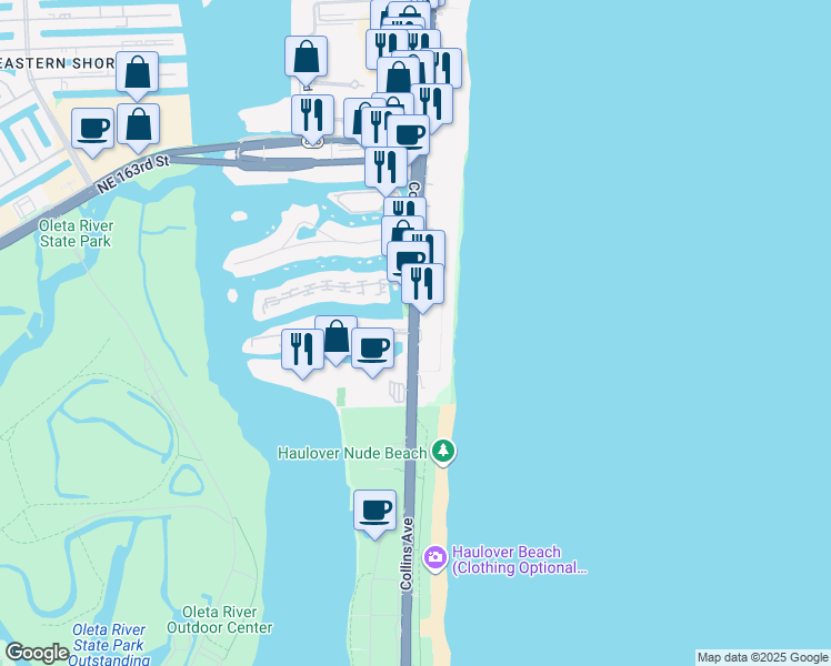 map of restaurants, bars, coffee shops, grocery stores, and more near 16028-16042 Collins Avenue in Sunny Isles Beach