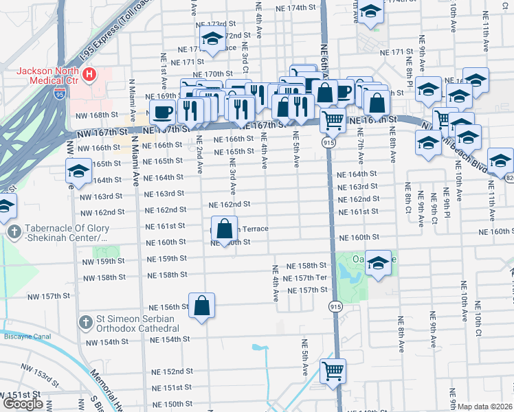map of restaurants, bars, coffee shops, grocery stores, and more near 360 Northeast 163rd Street in Miami