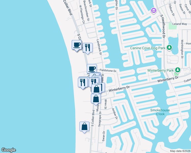 map of restaurants, bars, coffee shops, grocery stores, and more near 965 Fieldstone Drive in Marco Island