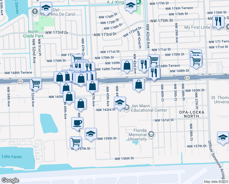 map of restaurants, bars, coffee shops, grocery stores, and more near 16603 Northwest 45th Avenue in Opa-locka