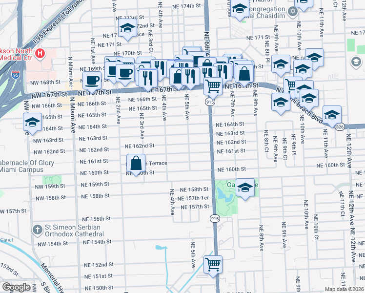 map of restaurants, bars, coffee shops, grocery stores, and more near 502 Northeast 163rd Street in North Miami Beach